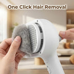 Close-up of Arenzza FurBrush™ grooming tool in use, showing soft bristles and pet fur for comfortable pet grooming.