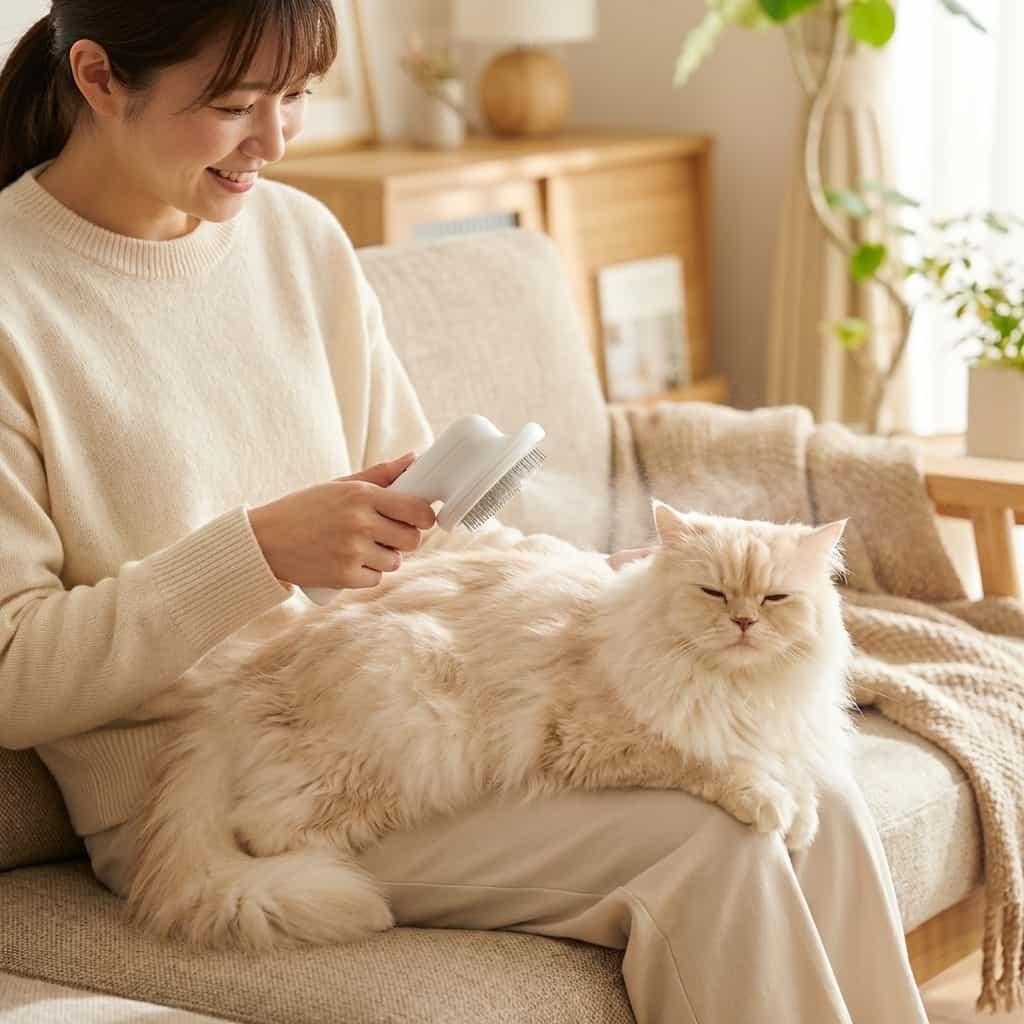 A person using the Arenzza FurBrush™ on a pet, demonstrating a comfortable grooming routine in a cozy home setting.