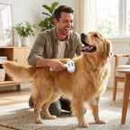 A pet grooming scene featuring the FurBrush™ by Arenzza, showing a person brushing a fluffy dog with the comfortable grooming tool.