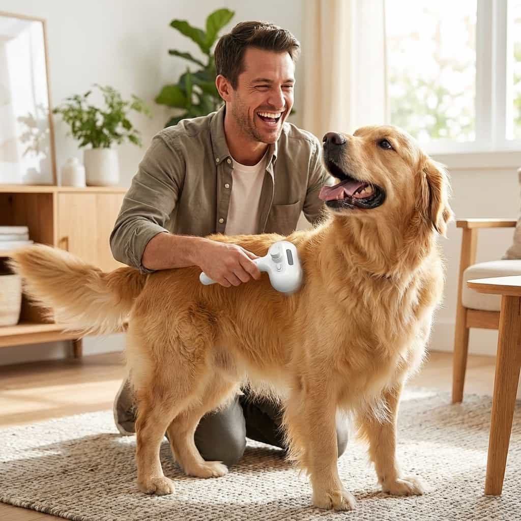 A pet grooming scene featuring the FurBrush™ by Arenzza, showing a person brushing a fluffy dog with the comfortable grooming tool.