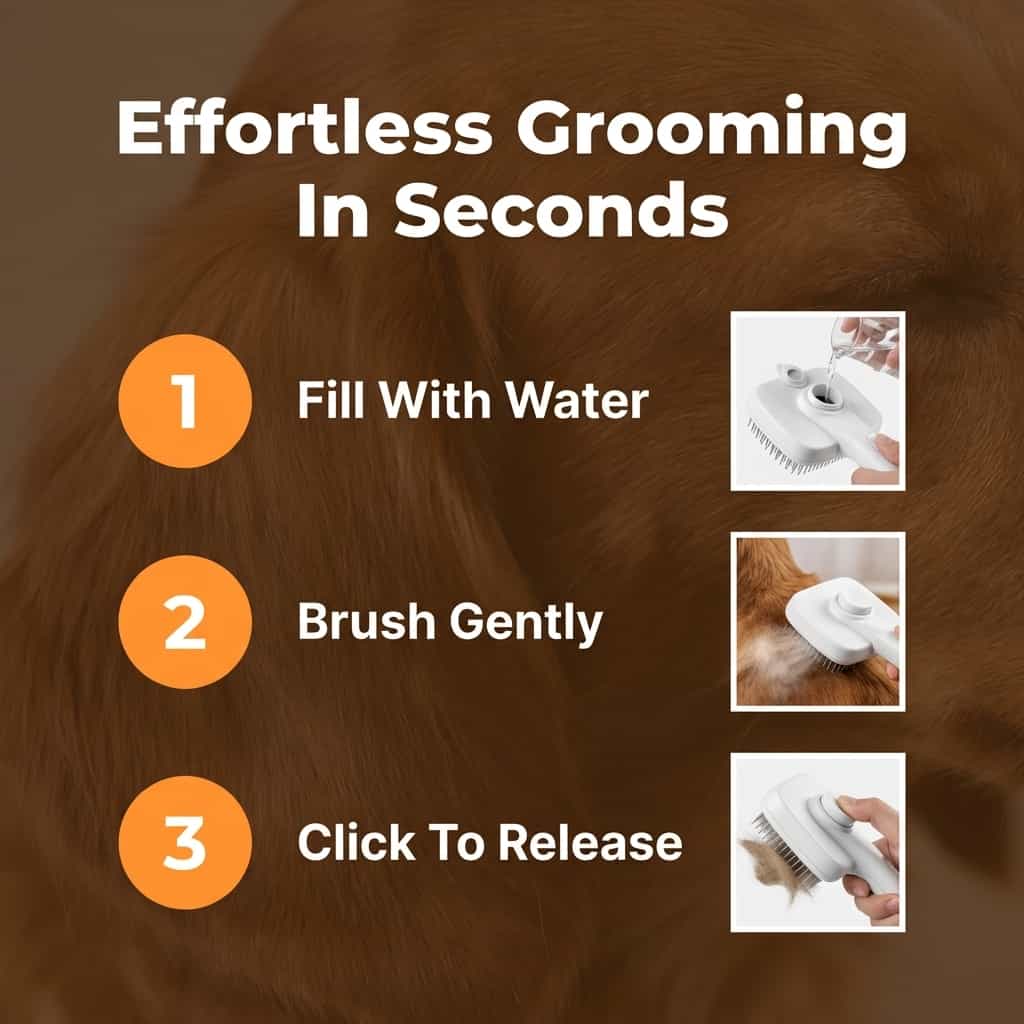 A pet being groomed with the FurBrush™ by Arenzza, showing the 9-step grooming process with the brush in use on a furry pet.
