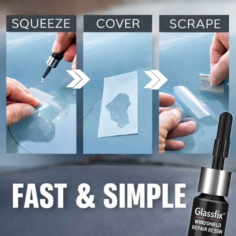Aarenza Glassfix™ repair kit for cracks and scratches on glass, shown with repair tools and materials for easy DIY fixes.