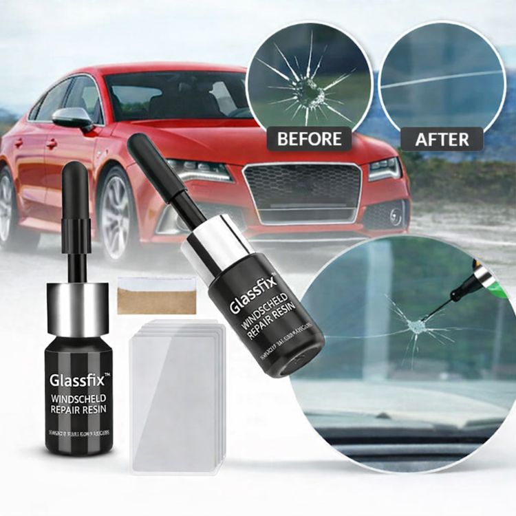 Arenzza Glassfix™ for repairing cracks and scratches on glass surfaces, showing a close-up of the product application on glass.