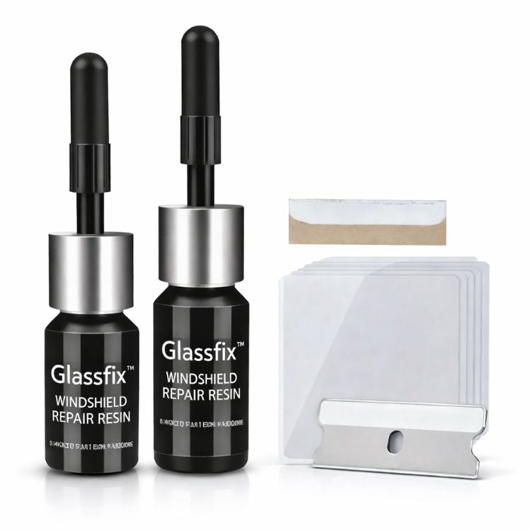 Arenzza Glassfix™ repair kit for cracks and scratches on glass surfaces, showing the repair process on a clear glass panel.