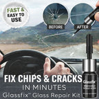 Arenzza Glassfix™ repair kit for cracks and scratches on glass surfaces, showing the repair process on a clear glass panel.