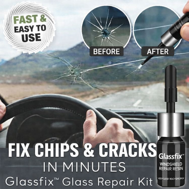 Arenzza Glassfix™ repair kit for cracks and scratches on glass surfaces, showing the repair process on a clear glass panel.