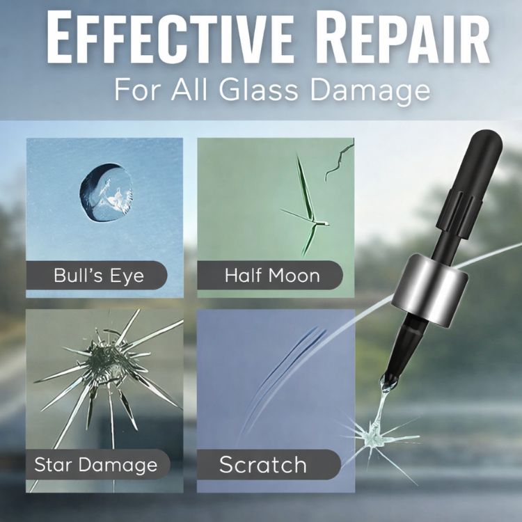 Arenzza Glassfix™ repair kit for cracks and scratches on glass surfaces, showing the repair tool and cracked glass.