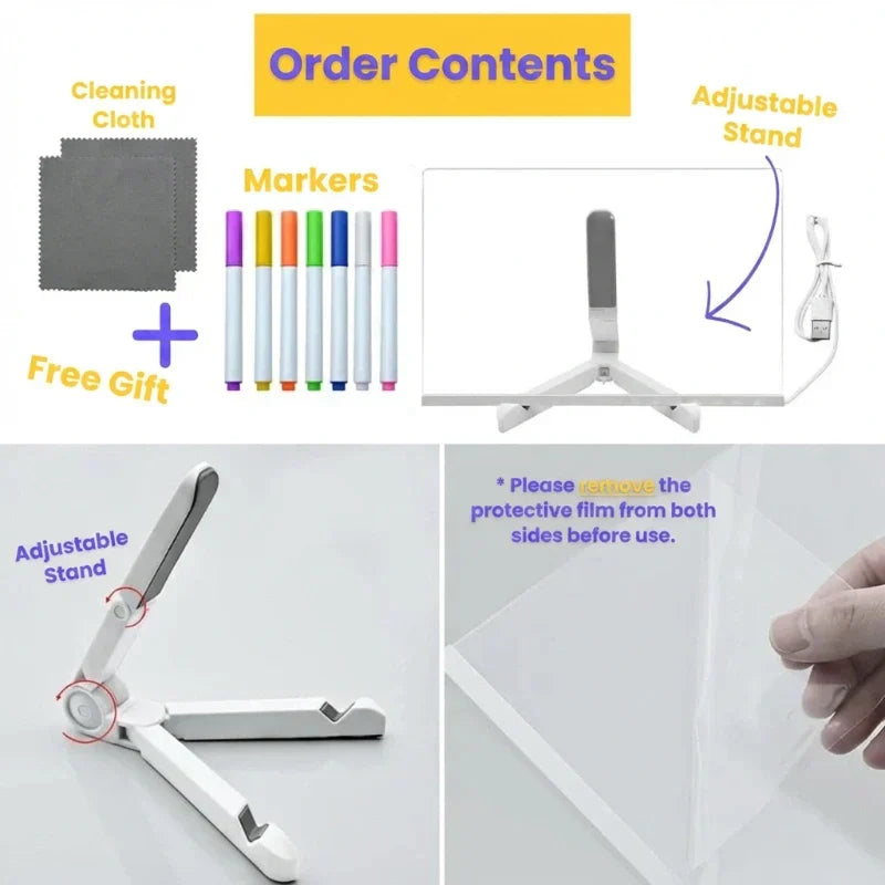 Aarenza GlowPad reusable LED drawing board with a child drawing and glowing light, featuring instant erase technology.