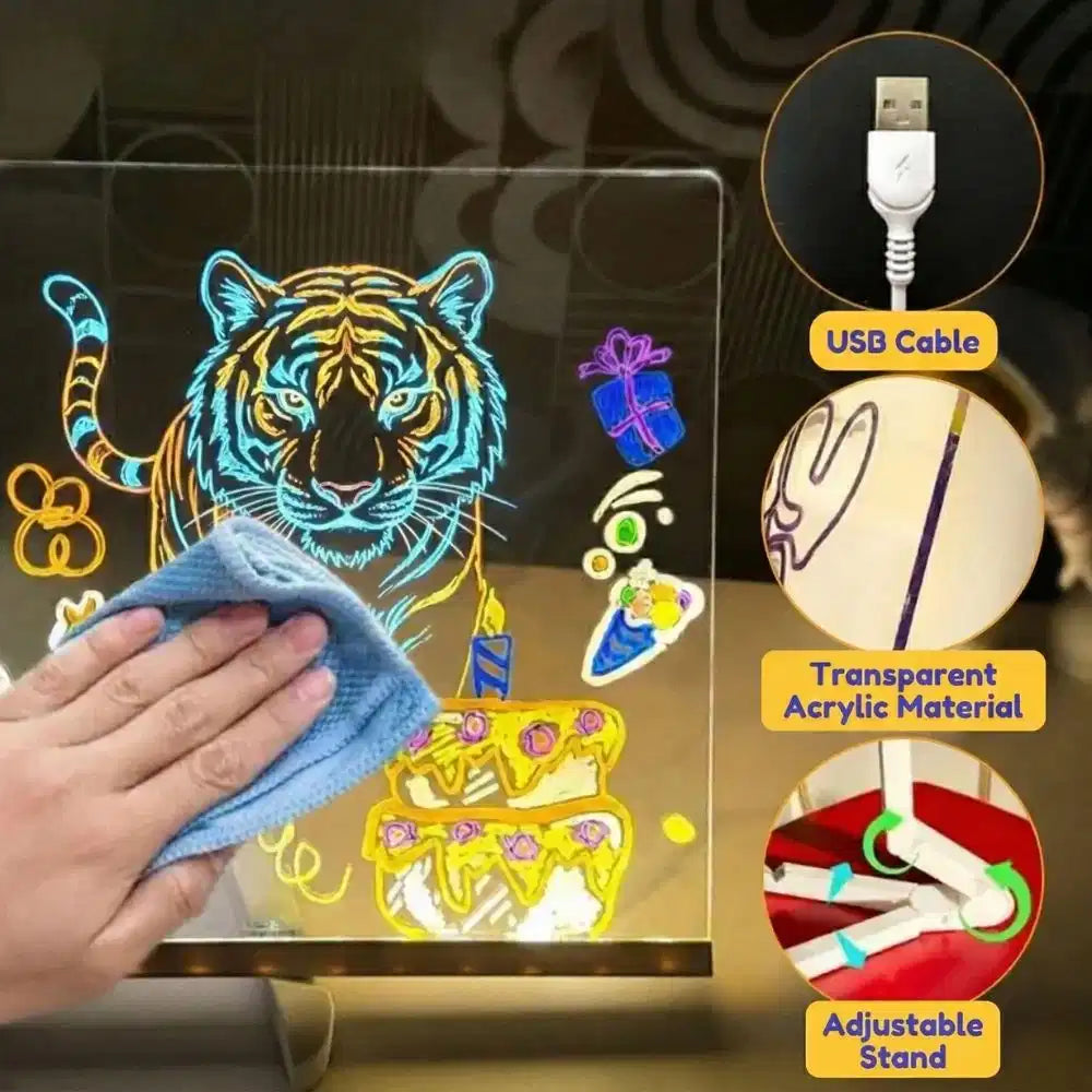 Aarenzza GlowPad reusable LED drawing board with glowing surface and erase button, ideal for creative sketches and doodles.
