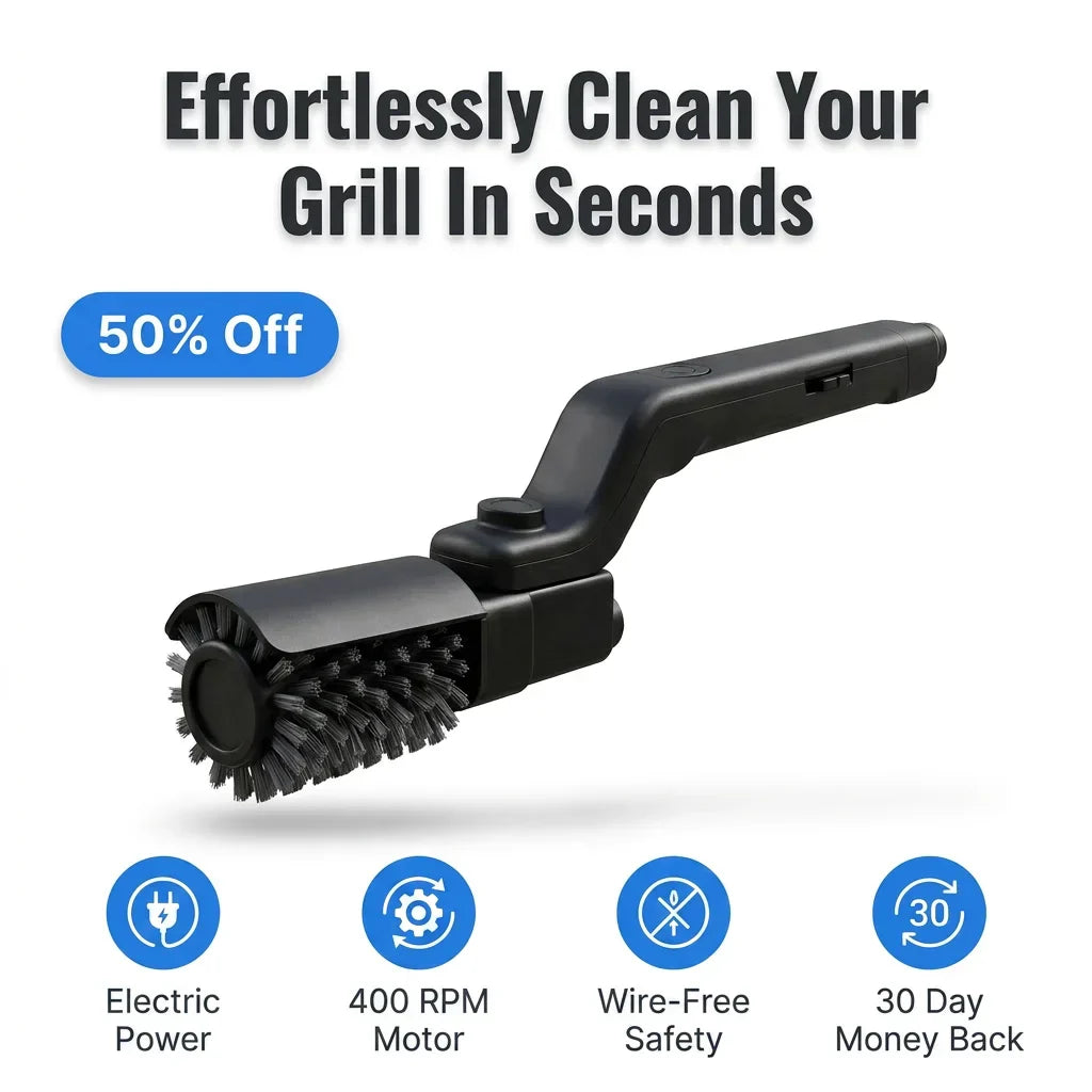 A close-up of the Arenzza GrillMaster Pro™ for effortless grill cleaning, showing the tool's bristles and handle in use.