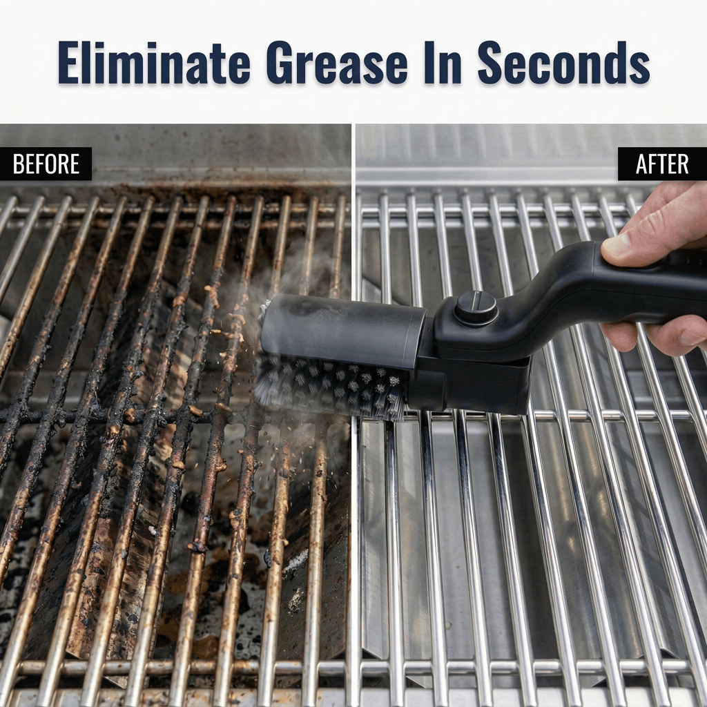 Arenzza GrillMaster Pro™ demonstrating split-view of before and after grill cleaning on a barbecue grill surface.