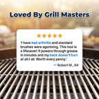 Arenzza GrillMaster Pro™ grill cleaning tool showcased on a testimonial card, highlighting its ease of use for effortless cleaning.