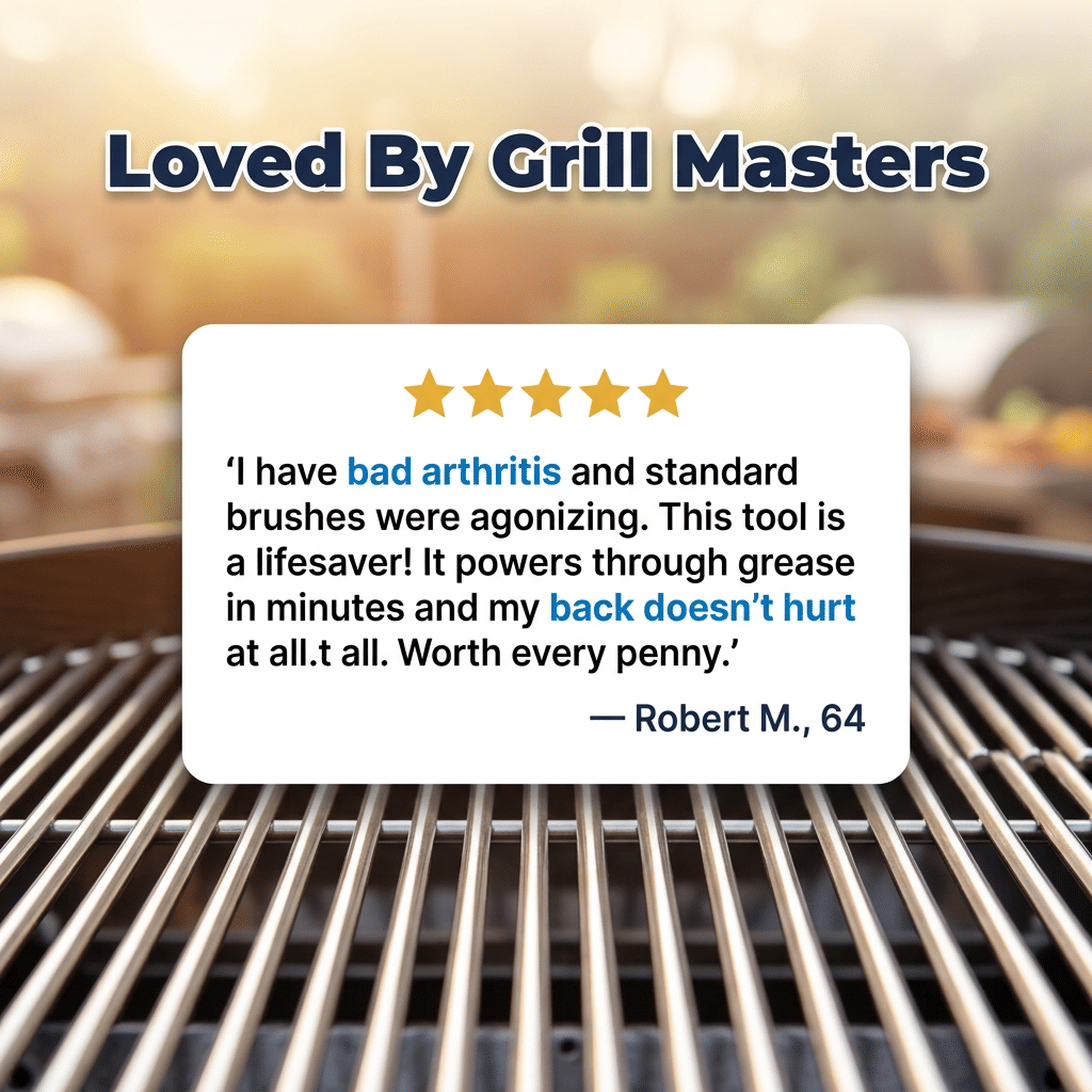 Arenzza GrillMaster Pro™ grill cleaning tool showcased on a testimonial card, highlighting its ease of use for effortless cleaning.