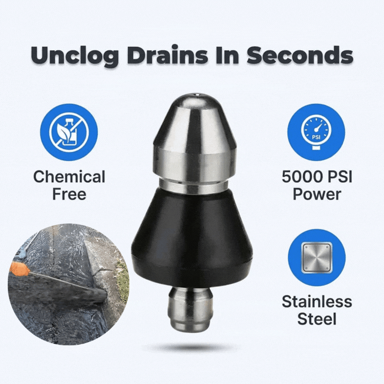 Arenzza high pressure drain nozzle spraying water to clear clogs in a drain pipe, demonstrating its powerful cleaning action.