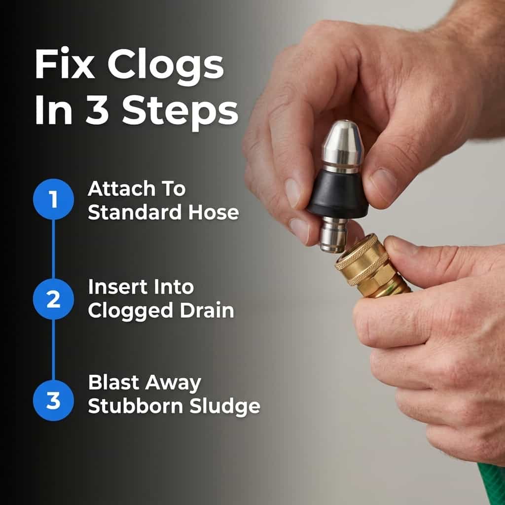 Arenzza high pressure drain nozzle shown in four steps, demonstrating how to clear clogs instantly with a powerful water jet.