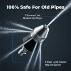 Arenzza high pressure drain nozzle in use, clearing a clogged drain with powerful jetting for instant clog removal.