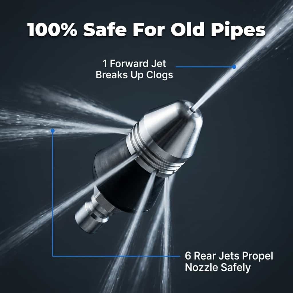 Arenzza high pressure drain nozzle in use, clearing a clogged drain with powerful jetting for instant clog removal.