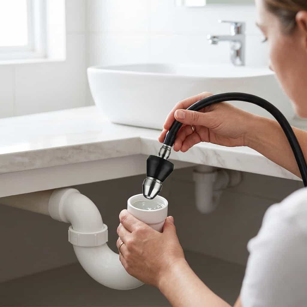 Arenzza high pressure drain nozzle cleaning a kitchen sink drain to clear clogs instantly.