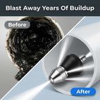 Arenzza high pressure drain nozzle showing before and after images clearing a clogged drain pipe with powerful water jet.