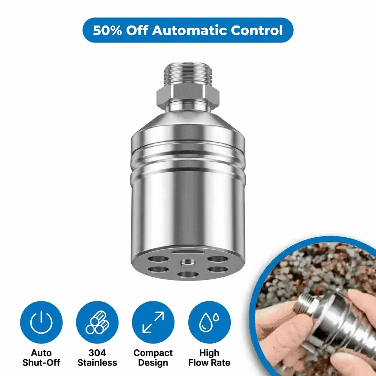 Arenzza HydroGuard™ automatic water level control valve connected to a water tank, with visible control mechanisms.