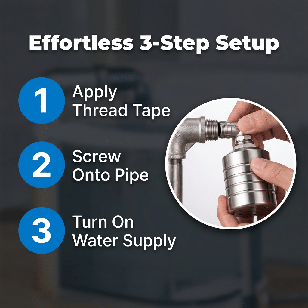 Arenzza HydroGuard™ automatic water level control valve with five numbered steps illustrating installation and operation.