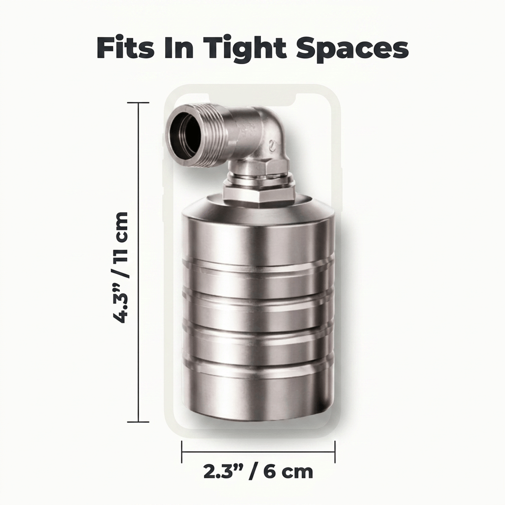 Diagram of Arenzza HydroGuard™ automatic water level control valve with dimensions and size specifications.
