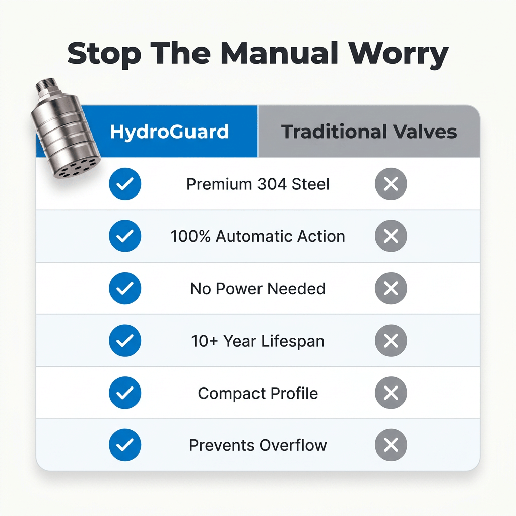 Aarenza HydroGuard™ automatic water level control valve comparison table showing features and specifications.