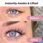 Arenzza Instant Lash Lift Curler showing a split image of before and after eyelash lifting on various eye shapes.