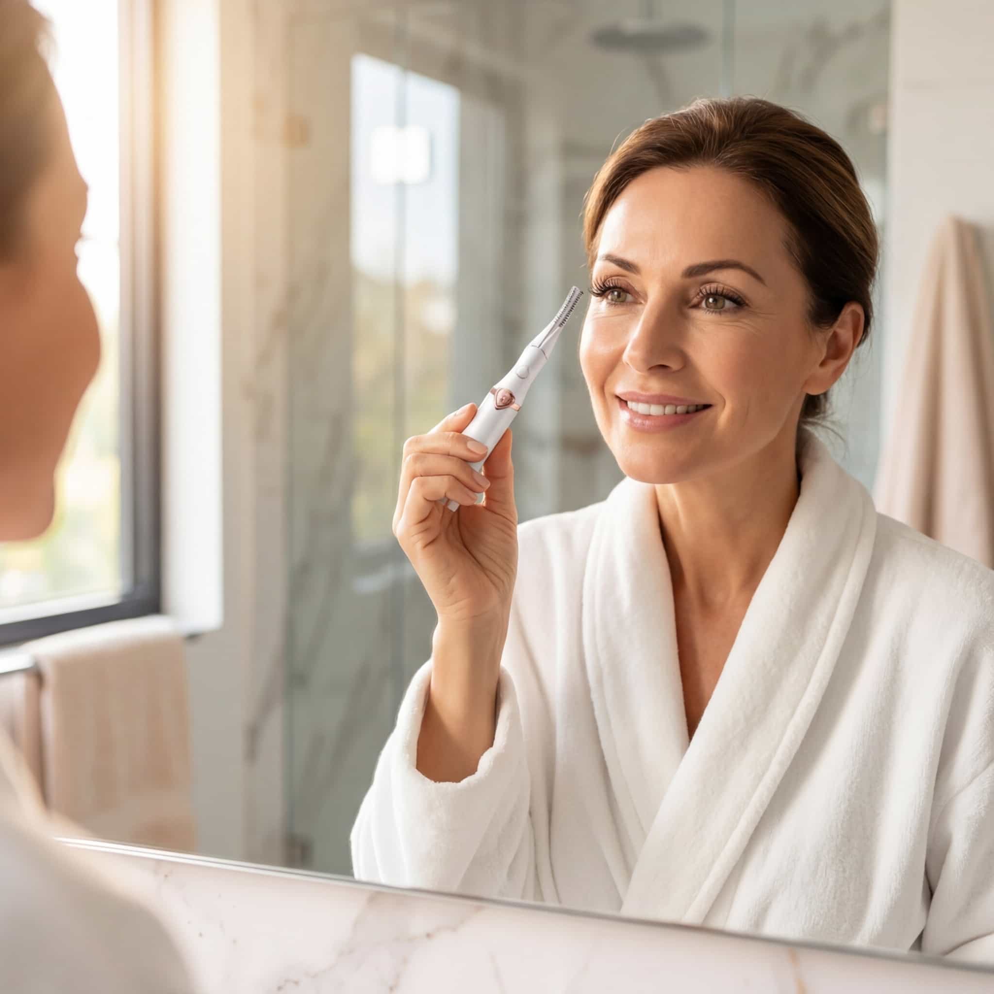 A woman using the Arenzza Instant Lash Lift Curler to enhance her eyelashes in a lifestyle scene with natural lighting.