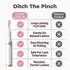 Comparison table of Arenzza Instant Lash Lift Curler showing gentle design, suitable for all eye shapes with different curling results.
