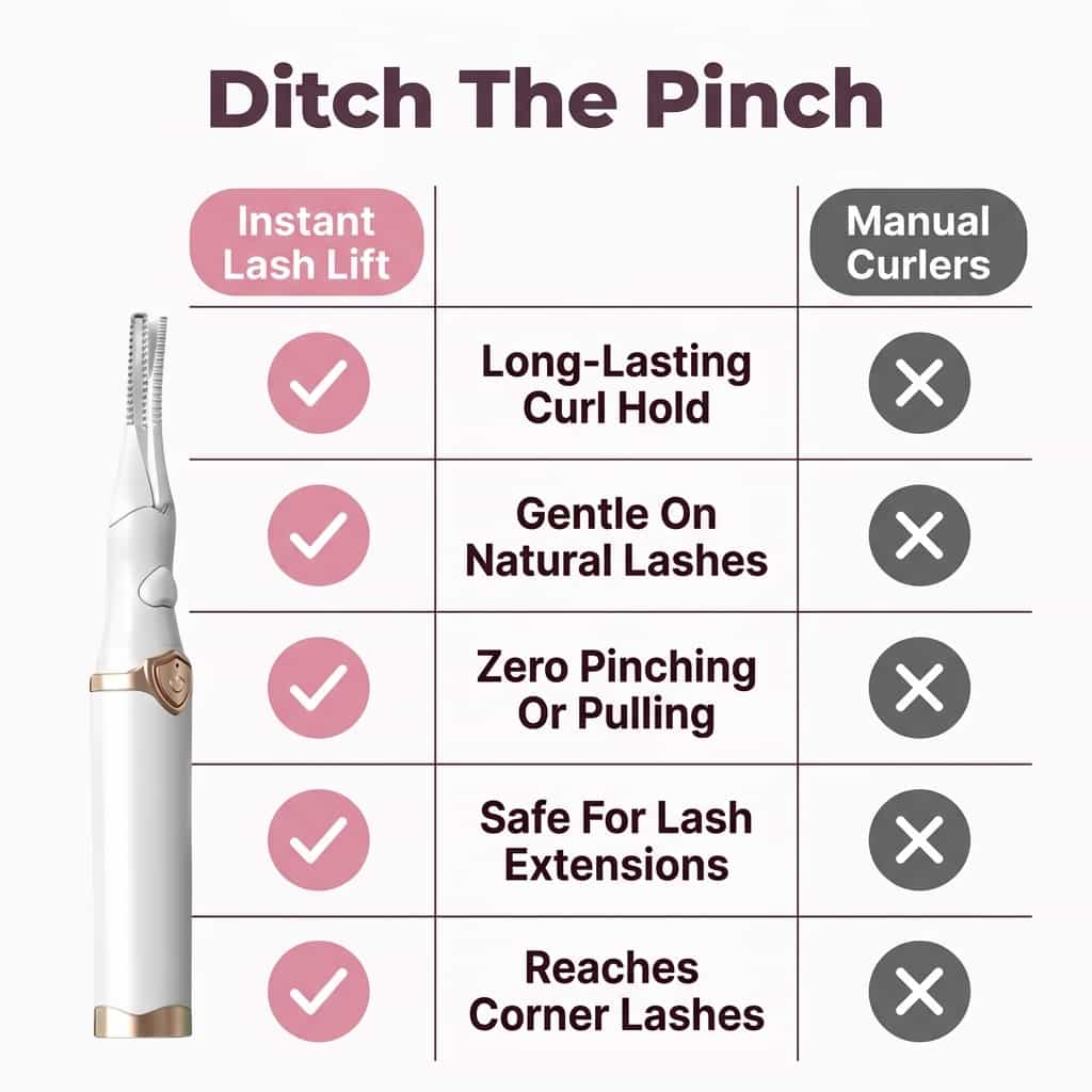 Comparison table of Arenzza Instant Lash Lift Curler showing gentle design, suitable for all eye shapes with different curling results.