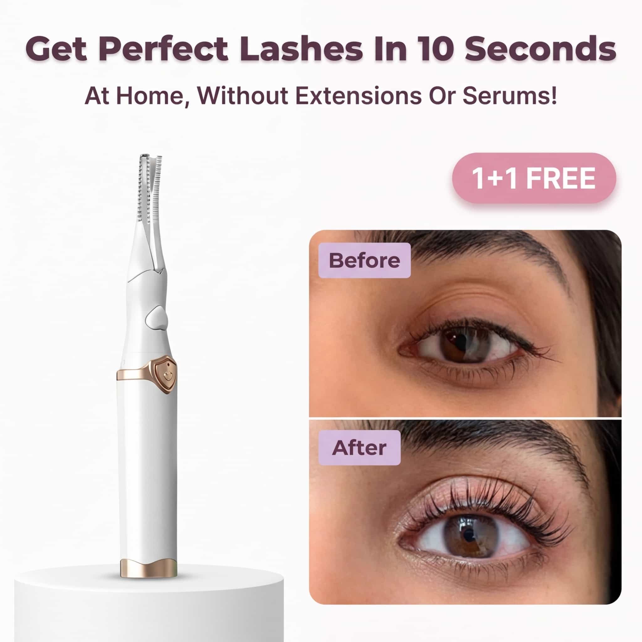 Arenzza Instant Lash Lift Curler with gentle design, showcasing its ergonomic handle and curved silicone pad for all eye shapes.