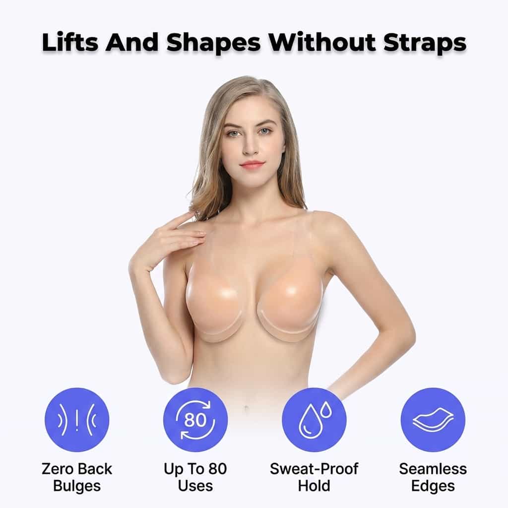 Arenzza InviBra™ invisible adhesive lift with seamless design and smooth silhouette, shown on a model.
