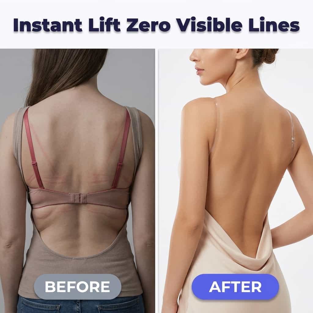 Aarenza InviBra™ invisible adhesive lift showing a before and after comparison of a smooth, flawless silhouette.