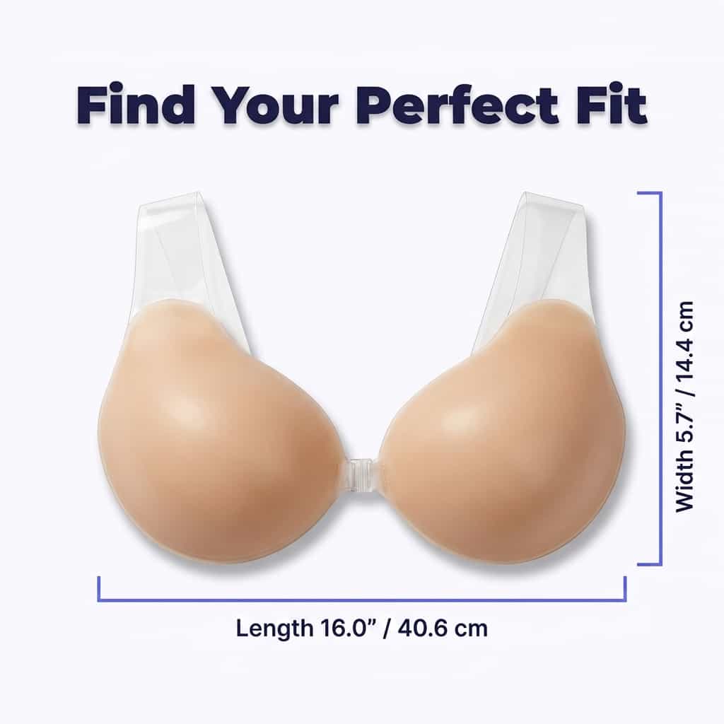 Diagram showing the 9-dimensional size options for the Arenzza InviBra™ invisible adhesive lift for a seamless silhouette.