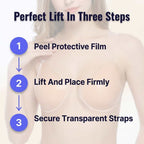 Aarenza InviBra™ invisible adhesive lift showing six numbered steps for a flawless silhouette application.