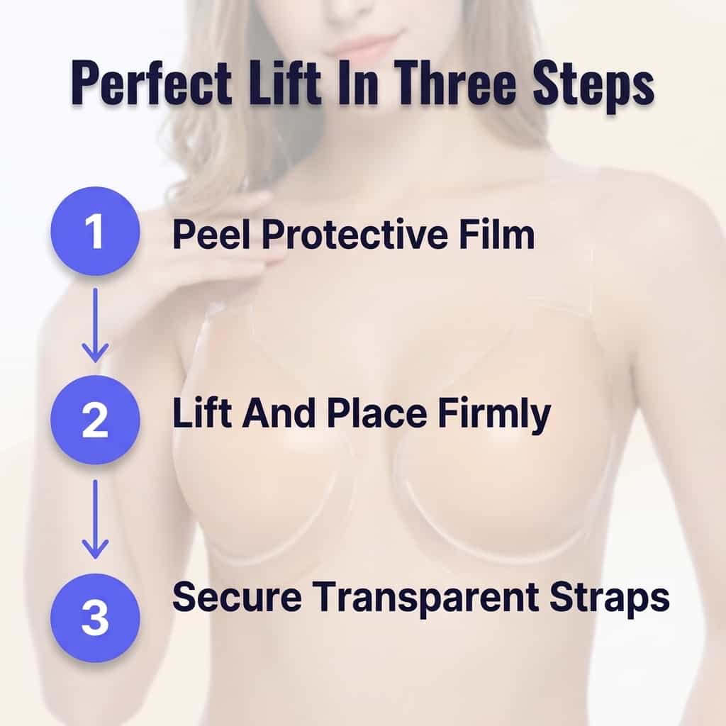 Aarenza InviBra™ invisible adhesive lift showing six numbered steps for a flawless silhouette application.