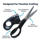 Arenzza LaserGuide™ laser-guided metal scissors with callout features highlighting precision, durability, and ergonomic design.