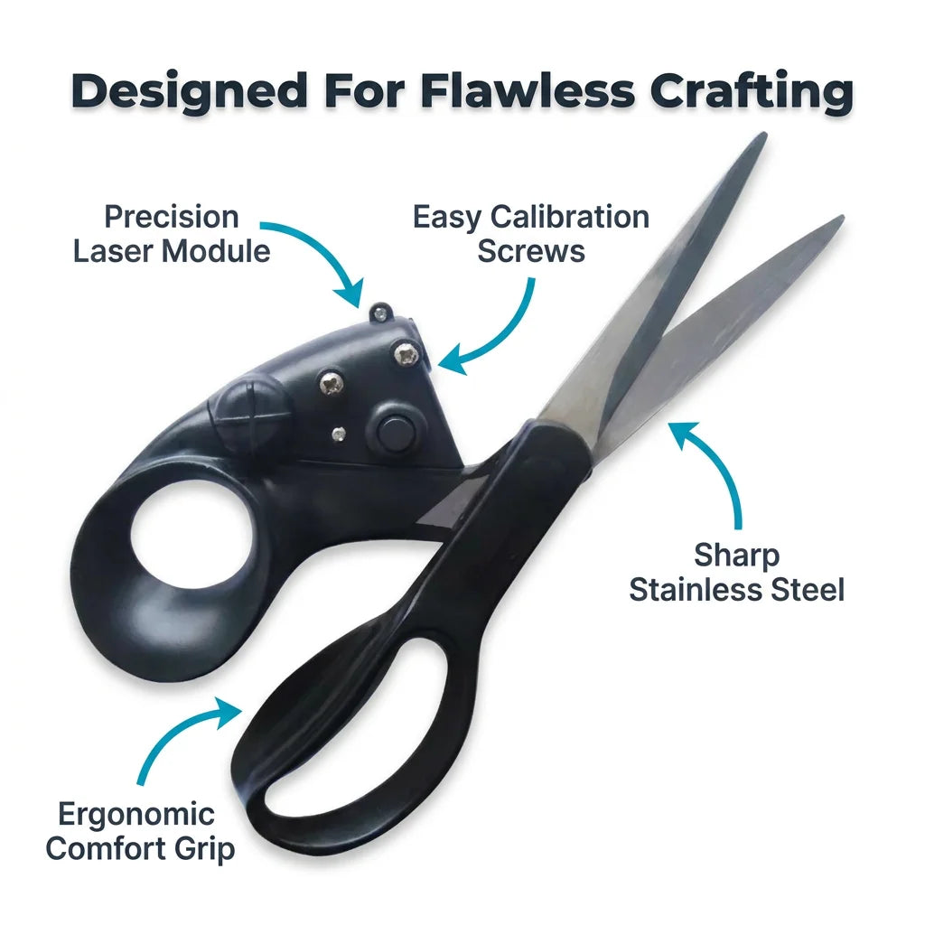 Arenzza LaserGuide™ laser-guided metal scissors with callout features highlighting precision, durability, and ergonomic design.