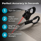 Arenzza LaserGuide™ laser-guided metal scissors with numbered steps for precise cutting, shown in a detailed instructional image.