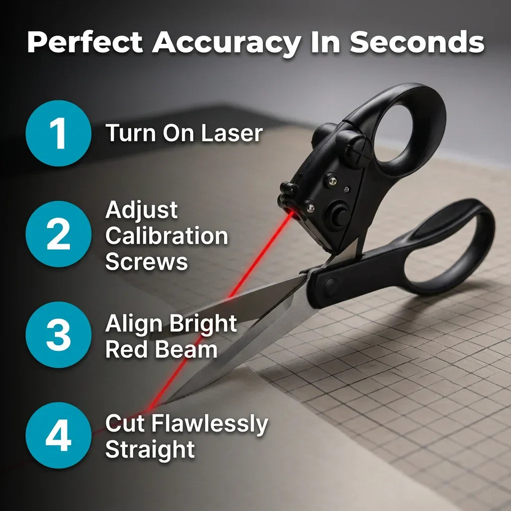 Arenzza LaserGuide™ laser-guided metal scissors with numbered steps for precise cutting, shown in a detailed instructional image.
