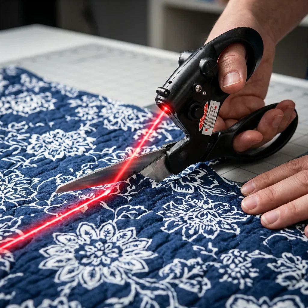 Arenzza LaserGuide™ laser-guided metal scissors used by a person for precise cutting in a lifestyle scene.