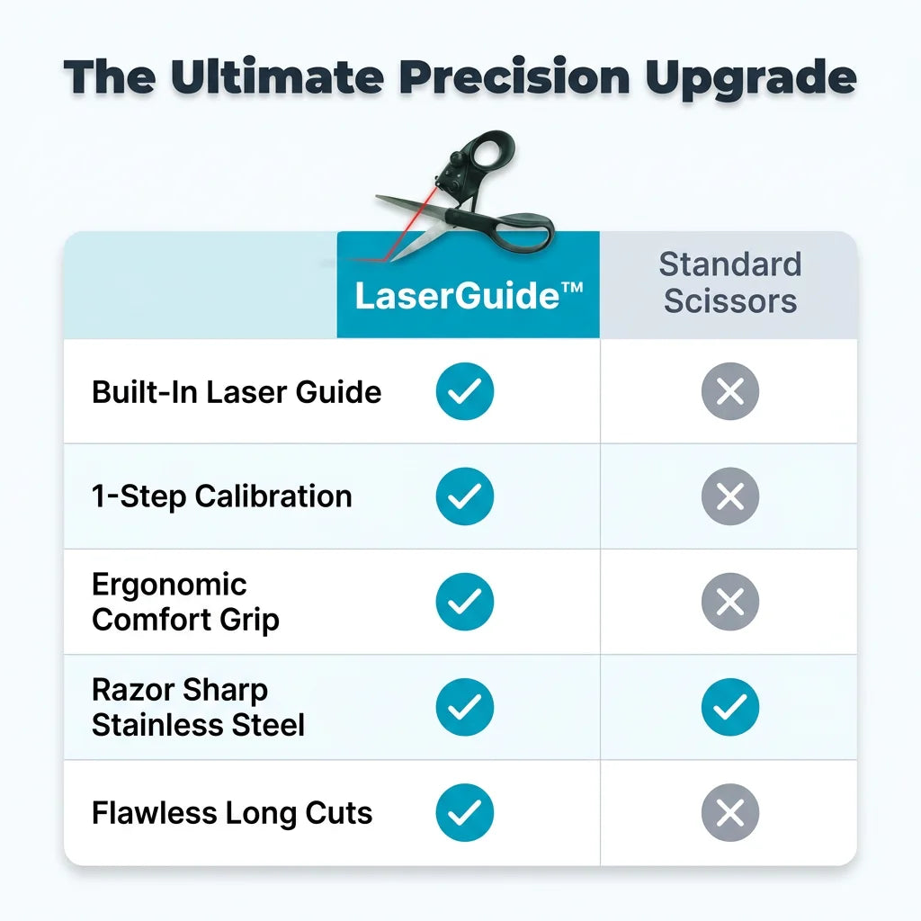 Comparison table of Arenzza LaserGuide™ laser-guided metal scissors showing features and specifications.