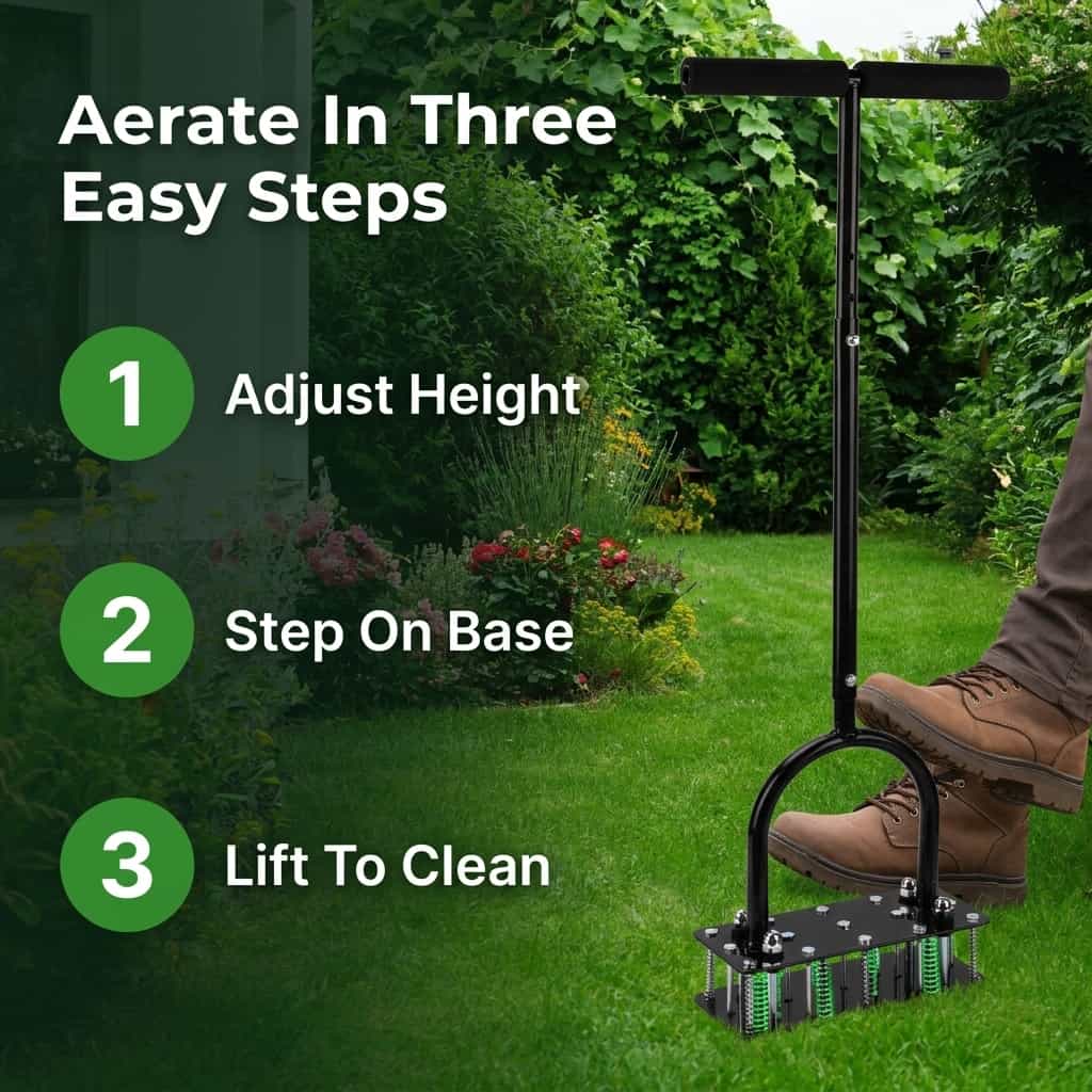Arenzza automatic lawn aerator showing three-step process for self-cleaning and aerating your lawn effectively.
