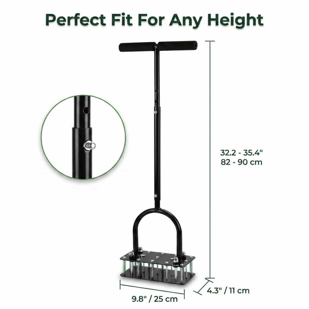 Aarenza self-cleaning automatic lawn aerator with detailed size diagram showing dimensions and working mechanism.