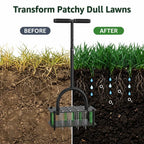 Arenzza automatic self-cleaning lawn aerator showing before and after soil aeration on a green lawn.