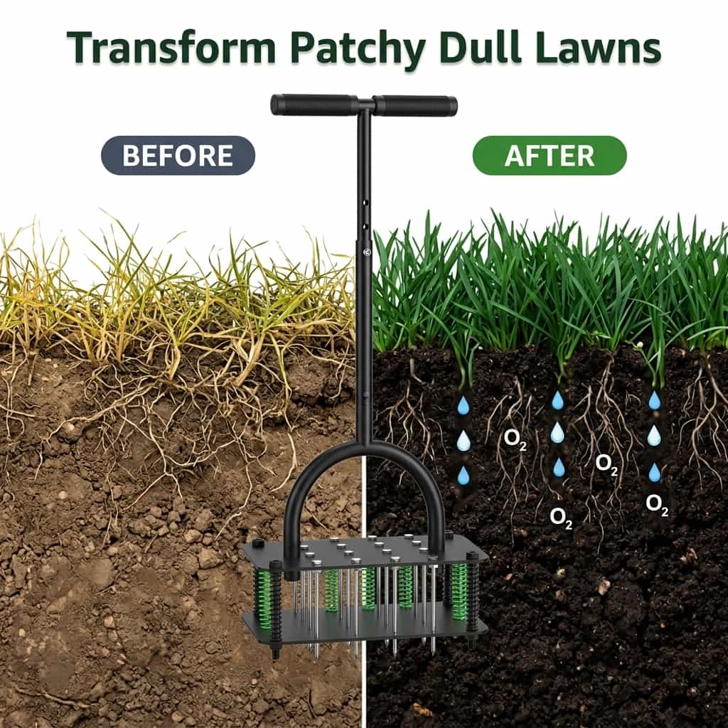 Arenzza automatic self-cleaning lawn aerator showing before and after soil aeration on a green lawn.