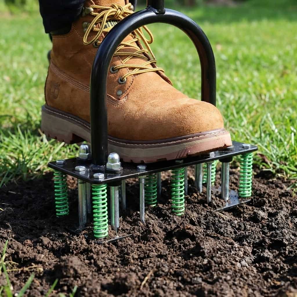 Arenzza automatic self-cleaning lawn aerator in use, showing its handles and rotating tines for aerating a lawn.