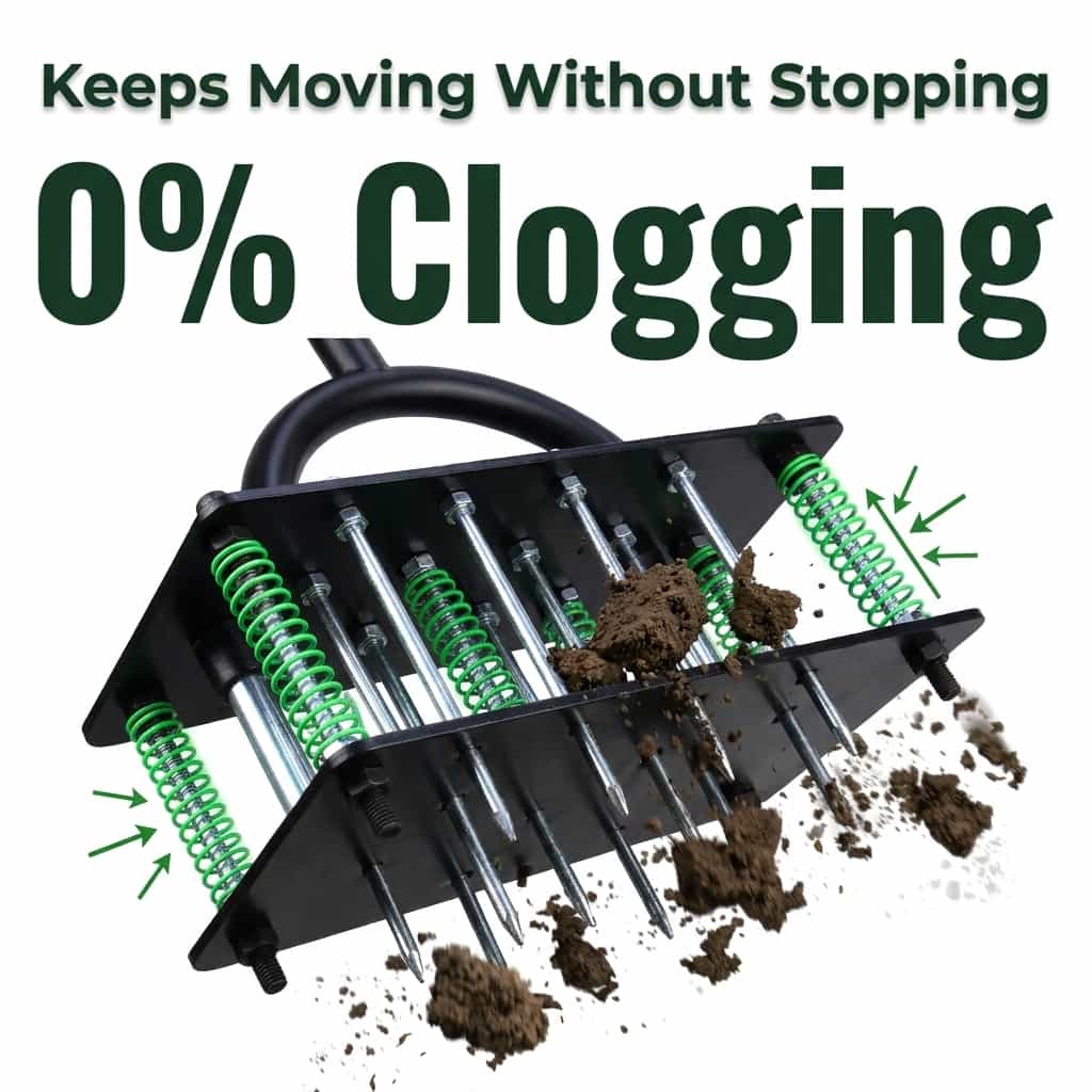 Arenzza automatic self-cleaning lawn aerator with sturdy metal tines and ergonomic handle for efficient lawn aeration.