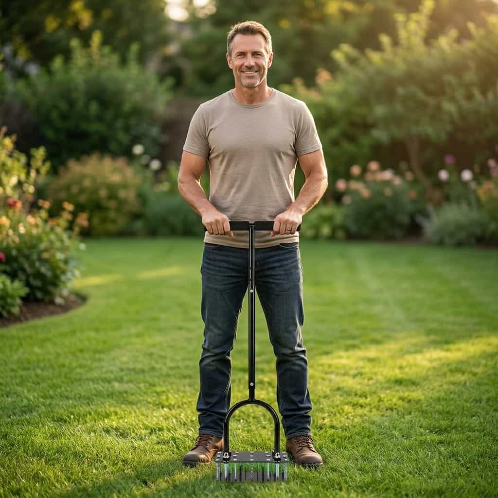A person using the Arenzza automatic self-cleaning lawn aerator to improve grass health in a lush backyard.